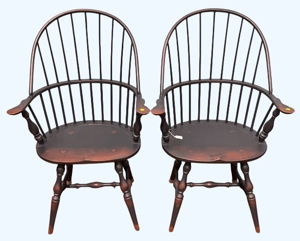 PAIR OF LAWRENCE CROUSE PAINTED WINDSOR ARM CHAIRS: ~