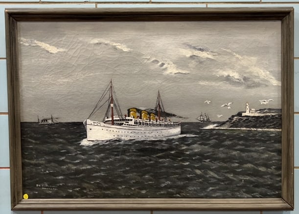H. CALDWELL LARGE OIL ON CANVAS OF SHIPS: 40" X 29"