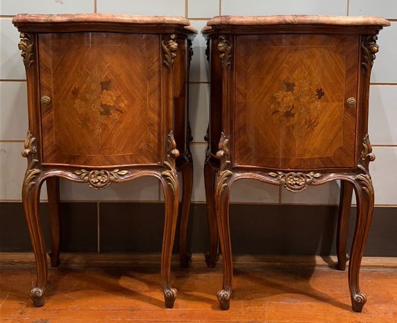 PAIR OF FRENCH INLAID MARBLE TOP NIGHT STANDS (1 of 8)