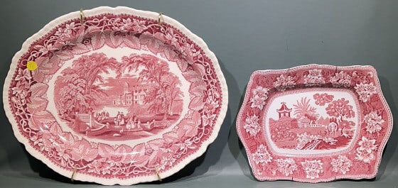 2 RED & WHITE TRANSFER WARE ENGLISH PLATTERS: 17 1/2"