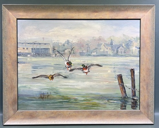 M JOYCE ZEIGLER "ROCK HALL MALLARDS" OIL ON CANVAS: 19" X 15"