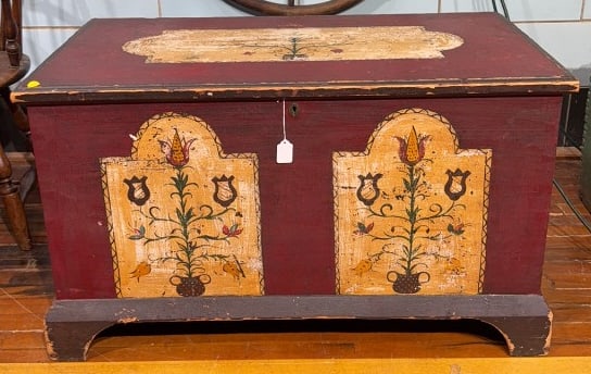 ANTIQUE PAINT DECORATED DOVETAILED BLANKET CHEST: 38" WIDE X 22" TALL X 20-1/2" DEEP