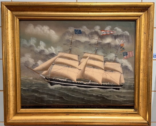 ANTIQUE REVERSE SHIP PAINTING "BAZAAR OF RICHMOND: REVERSE PAINTING ON GLASS BAZAAR OF RICHMOND CPT. S W STUART PASSING SOUTH FORELAND 1863 36" X 29-1/2"
