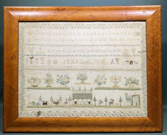 1816 FRAMED ANTIQUE SAMPLER IN MAPLE FRAME: 21-1/2" X 16-1/2"