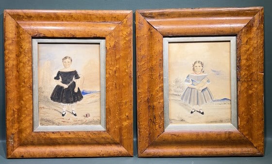 2 ANT. PAINTED PORTRAITS OF GIRLS IN MAPLE FRAMES: 13" X 11"