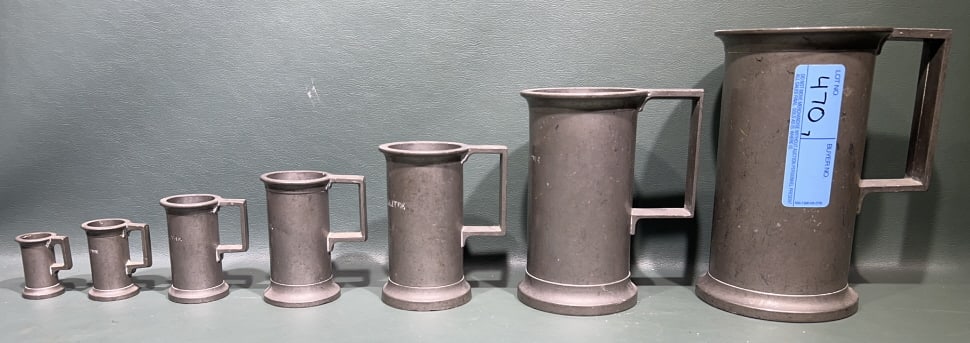 SET OF 7 PEWTER MEASURES SIGNED JR: LARGEST 7"