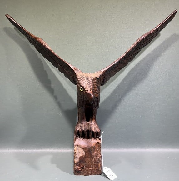 CARVED WALNUT RISED WING EAGLE: 20" WIDE X 18-1/2" TALL X 10" DEEP