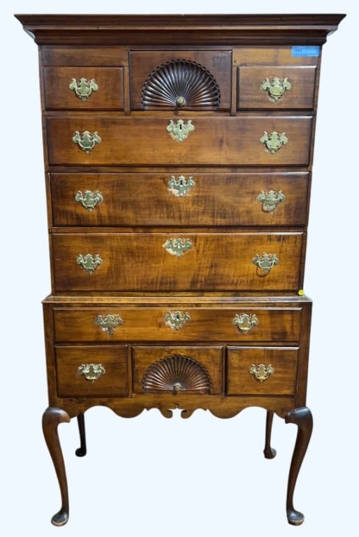 ANTIQUE NEW ENGLAND QUEEN ANNE 2 PIECE HIGHBOY: 40" WIDE X 21" DEEP X 72" TALL