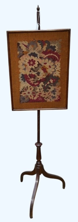 ANTIQUE NEEDLEPOINT FIRE SCREEN: REPAIRS TO THE BASE 16" WIDE X 57" TALL