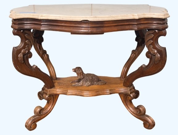 ANTIQUE WALNUT MARBLE TOP TABLE W/ A CARVED DOG (1 of 6)