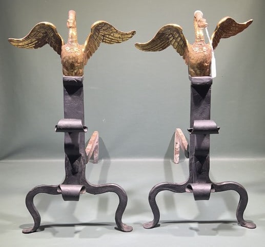 PR OF WROUGHT IRON ANDIRONS W/ CAST BRONZE SWANS: 17" TALL
