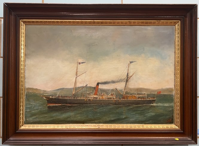 ANTIQUE OIL ON CANVAS OF A SHIP: SIGNED A. M. EIGANTE 1893 ? 26" X 36"