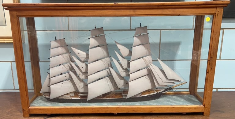 THREE MASKED WOODEN SAILING SHIP IN DISPLAY CASE: 40-1/2" WIDE X 10" DEEP X 22-1/2" TALL