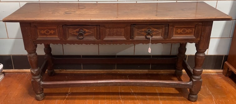 18TH CENT. WALNUT INLAID "1722" TAVERN TABLE: Also with Inlaid Flower and Initials P. S. & H. S. 71" LONG X 24-1/2" DEEP X 32" TALL