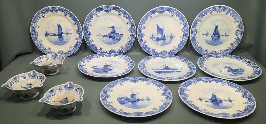 9 DELFT BOAT & WINDMILL PLATES & 3 BOWLS (1 of 12)