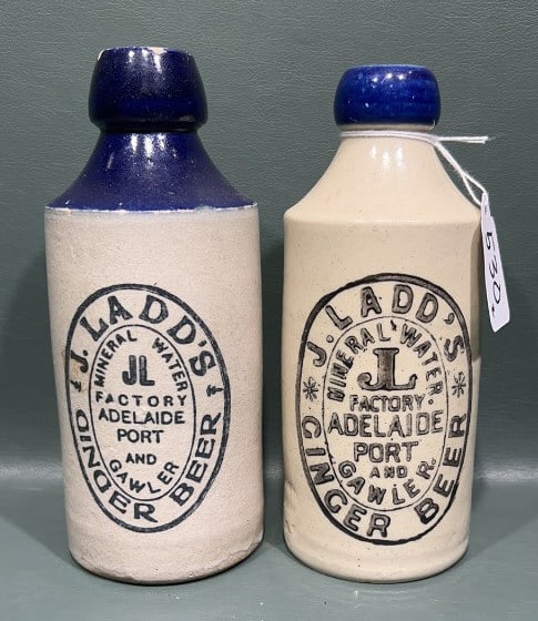 2 ANTIQUE J. LADD'S STONEWARE GINGER BEER BOTTLES: 7" TALL