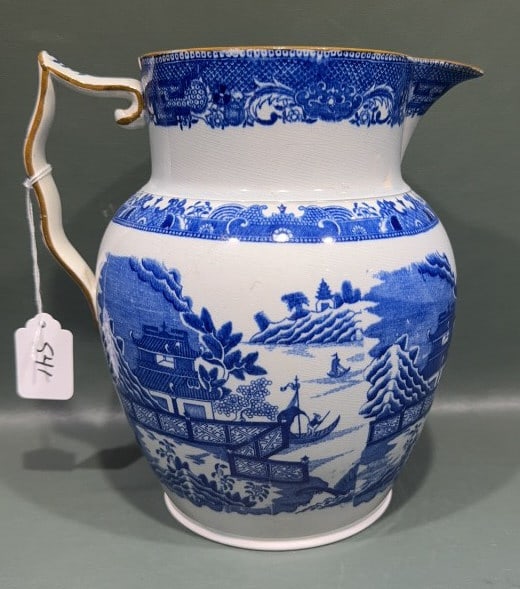 EARLY ANTIQUE BLUE & WHITE TRANSFER PITCHER: 2 CHIPS IN RIM 9" TALL