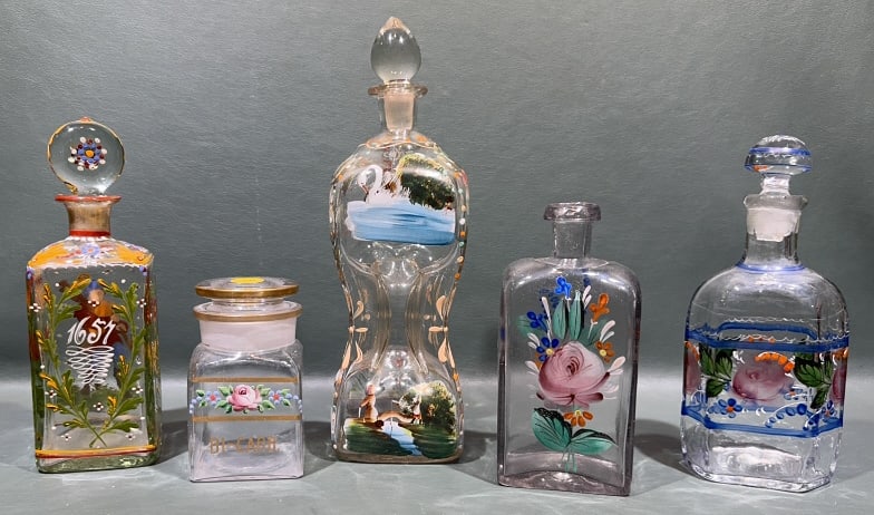 5 ANTIQUE HAND PAINTED GLASS BOTTLES: LARGEST 10-1/2" TALL