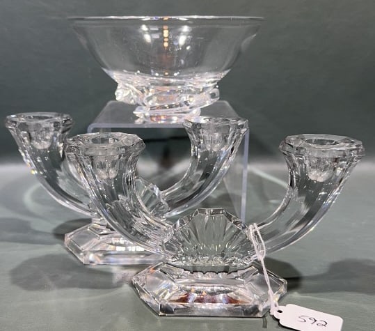 STEUBEN BOWL & VAL ST LAMBERT CANDLESTICKS: 7" X 4"