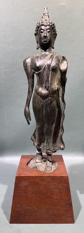 THAI BRONZE "WALKING BUDDHA" ON WOOD BASE: 13" TALL INCLUDING WOOD BASE