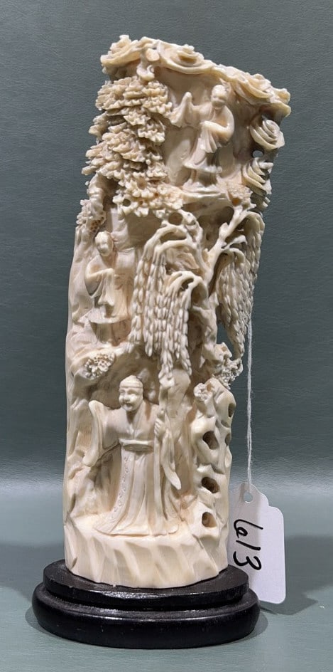 CHINESE CARVED BONE FIGURE ON STAND: 8" TALL