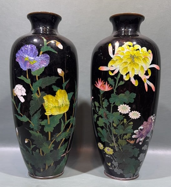 2 HAYASHI KODENJI SIGNED JAPANESE CLOISONNE VASES: 12" TALL