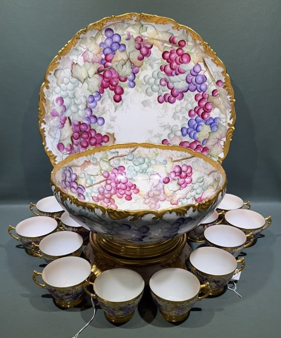ANTIQUE HANDPAINTED FRENCH PUNCH BOWL, TRAY & CUP: TRAY IS 18" BOWL ON STAND 13" WIDE X 8-1/2" TALL