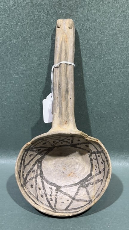 LARGE ANASAZI POTTERY LADLE W/ DECORATION: RESTORED 10" LONG