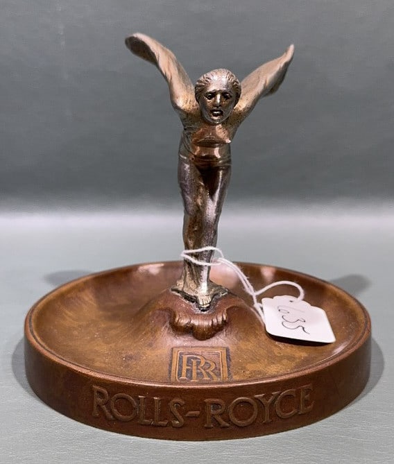ART DECO BRONZE ROLLS ROYCE CIGAR ASHTRAY: BY GORHAM 1924 W/ ROLLS ROYCE EMBLEM & GORHAM FOUNDRY MARK 5-1/4" X 5-1/2"