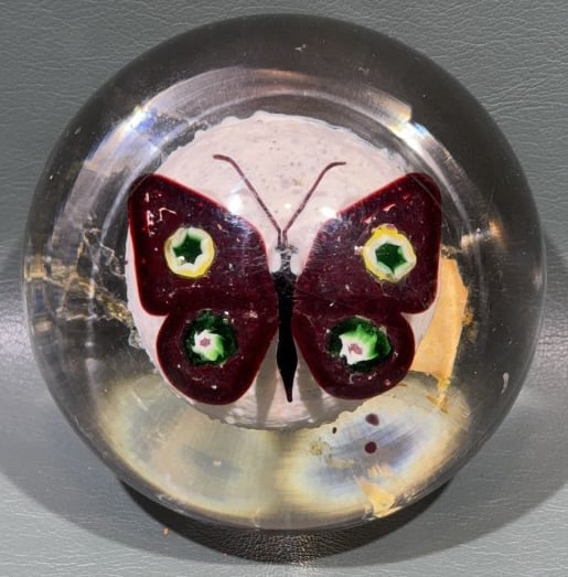 19C MAGNUM PAPERWEIGHT W/ BUTTERFLY: RECESSED, POLISHED PONTIL BOTTOM 3-1/2" DIA. X 2-3/8" TALL