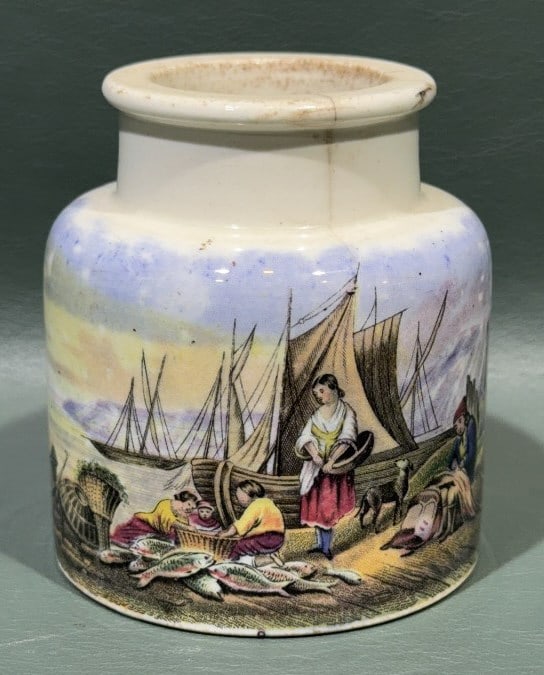 "MENDING THE NETS" PRATTWARE JAR: 3-1/4" TALL