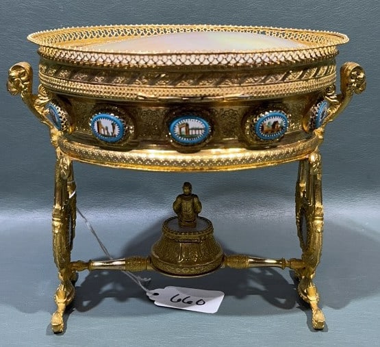 ANT. BRONZE & MOTHER OF PEARL ORNATE JEWELRY BOX: 7-1/2" WIDE X 6" TALL X 5" DEEP