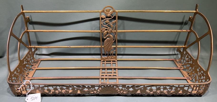 BRASS RAILROAD LUGGAGE RACK W/ HERON DECORATION: 24" X 9" X 9"