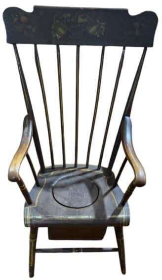 ANTIQUE PAINT DECORATED POTTY CHAIR: 44" X 22" X 25"