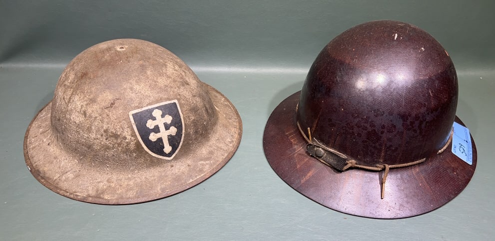 WW I "DOUGHBOY" HELMET W/79TH INFANTRY INSIGNIA &: COAL MINERS HELMET ~ 12" X 11" X 5"