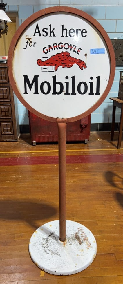 PORCELAIN "GARGOYLE MOBILOIL" LOLLIPOP SIGN (1 of 4)