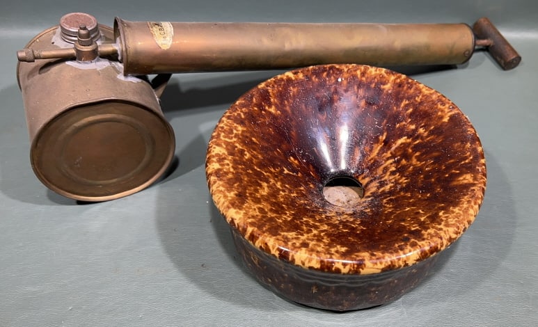 ANTIQUE BENNINGTON SPITTOON & VINTAGE FOGGER: SPITOON IS 8 1/2" X 3 1/2"