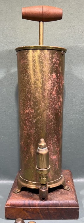 ANTIQUE BRASS HAND PUMP BOAT WHISTLE W/ATTACHMENTS: 17" X 7" X 6"