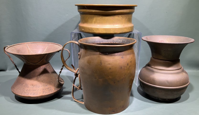 ANTIQUE BRASS SPITTOON & PITCHER LOT: LARGEST IS 8" X 8"
