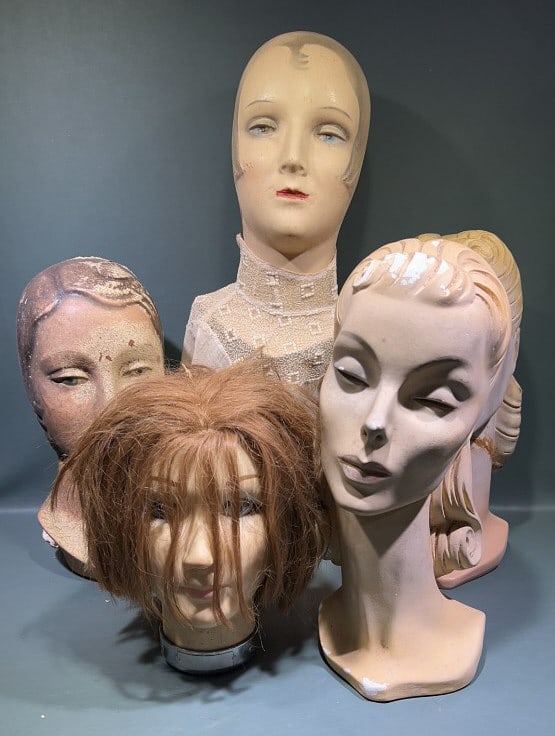 COLL OF VINTAGE STORE MANNEQUIN HEADS: LARGEST IS 25" TALL