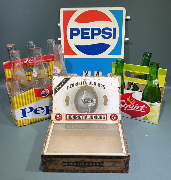 CIGAR ADVERTISING, PEPSI SIGN, & BOTTLE LOT: 13" X 9 1/2"