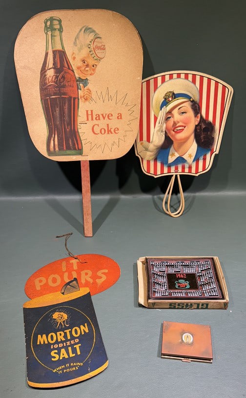 ADVERTISING FANS & ASH TRAY LOT: 15-3/4" X 8-1/2"