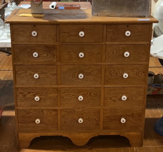 HANDMADE PINE 5 DRAWER APOTHECARY CABINET: 43-3/4" X 42" TALL X 21" DEEP
