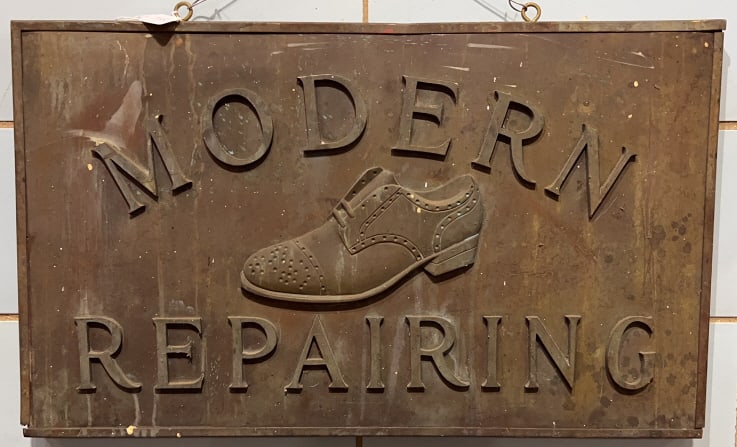 "MODERN REPAIRING" COPPER & WOOD SHOE SIGN (1 of 5)