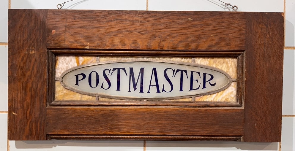 "POSTMASTER" STAINED GLASS SIGN W/ OAK FRAME (1 of 2)