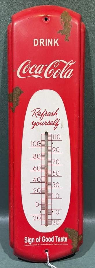VINTAGE COCA-COLA EMBOSSED METAL WALL THERMOMETER (1 of 4)
