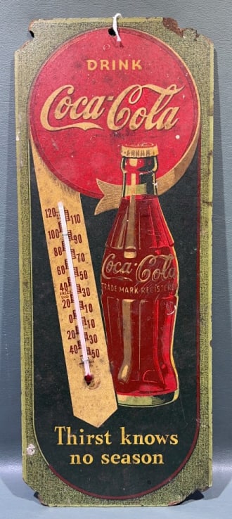 COCA-COLA MASONITE ADVERTISING THERMOMETER: THIRST KNOWS NO SEASON" 17"X7