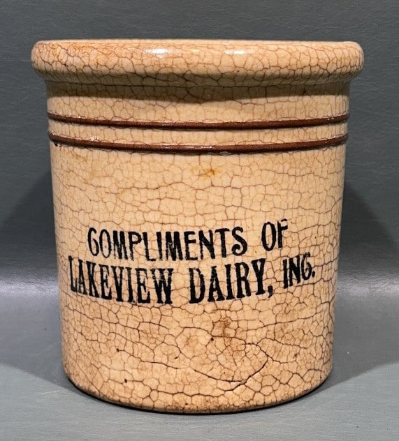 YELLOWWARE LAKEVIEW DAIRY INC. ADVERTISING CROCK: 5" X 4"