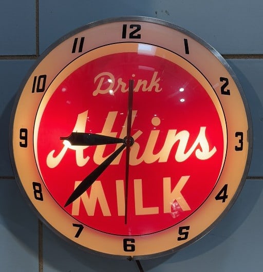 ATKINS MILK "DOUBLE BUBBLE" ADVERTISING CLOCK: 15"