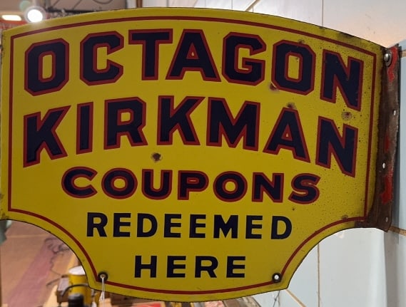 OCTAGON KIRKMAN PORCELAIN ENAMAL FLANGE SIGN: 18-1/4" X 14"